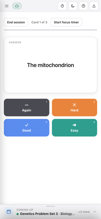 The Reps review screen: a flipped card showing the answer, above the four rating buttons — Again, Hard, Good, and Easy.