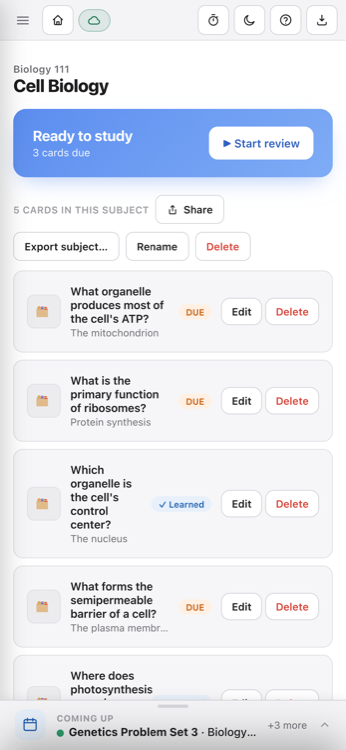 A subject's deck in Reps, with photo cards and hand-drawn cards visible in the list.
